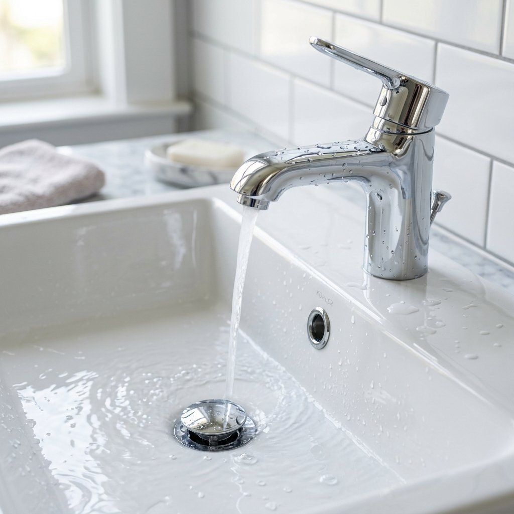 Sparkling clean wash basin with polished chrome faucet