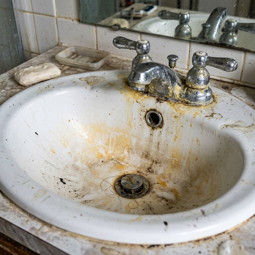 Dirty wash basin with yellow hard water scales and grimy faucet