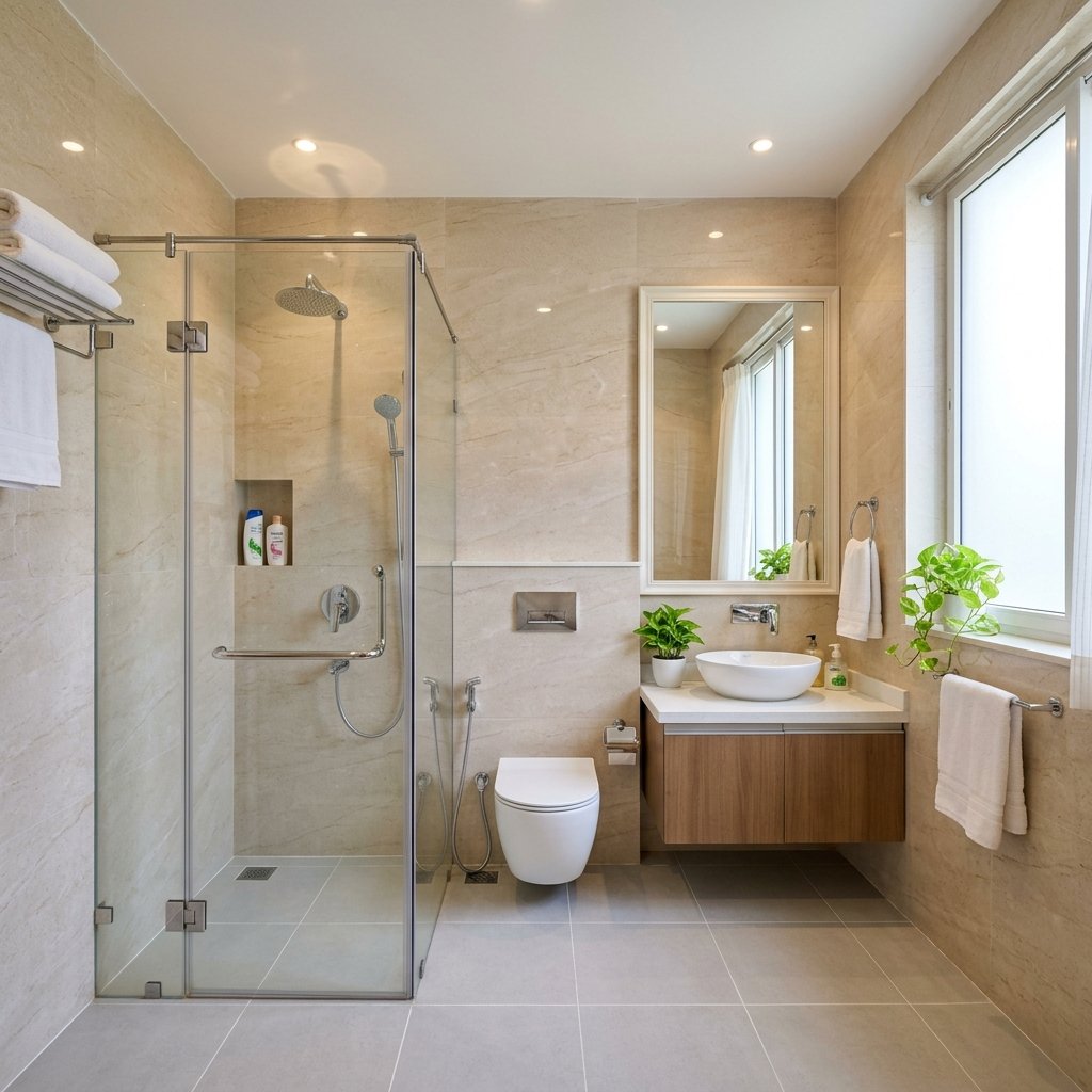 Sparkling clean modern bathroom after Deep Cleaning service by Ganesh Cleaning