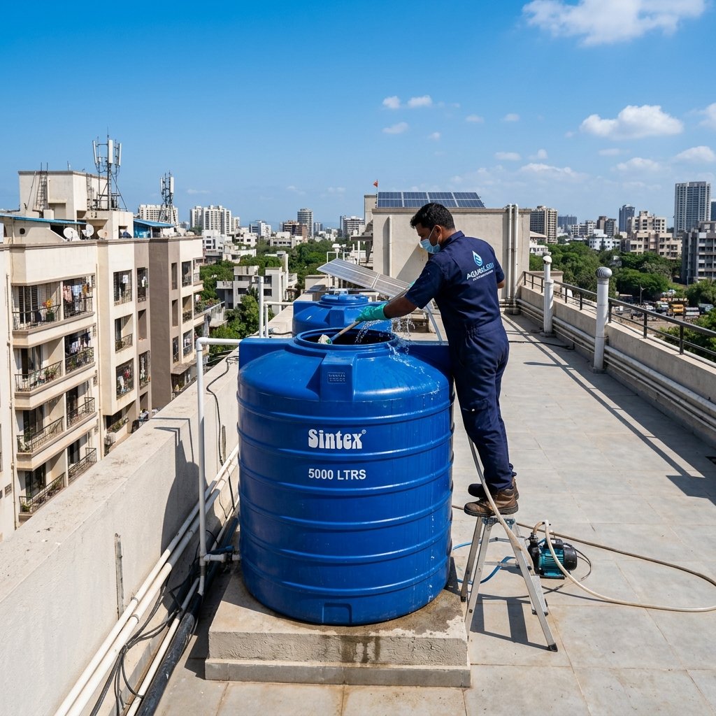 Rooftop overhead blue plastic water tank clean-up by Ganesh Cleaning