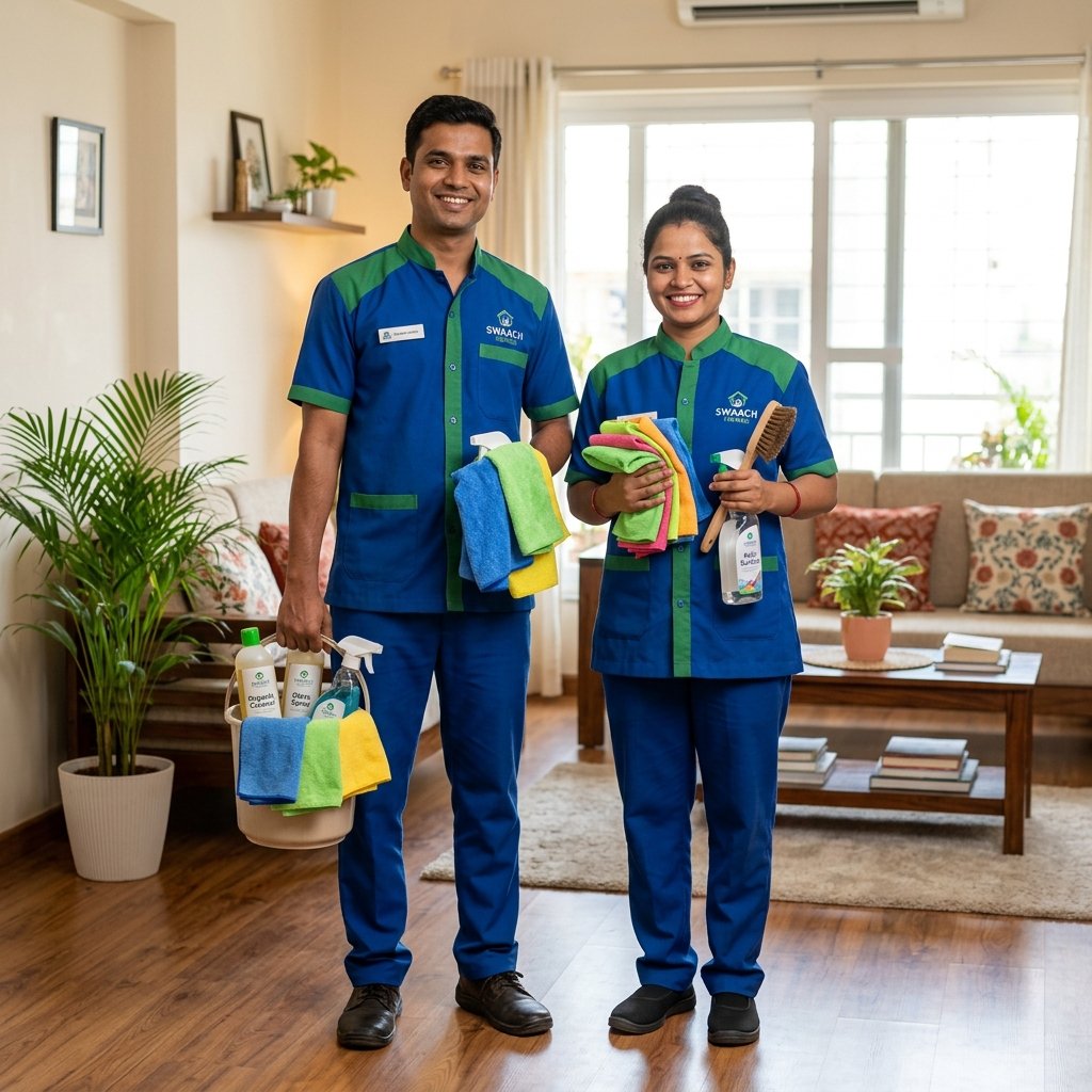 A professional Indian female cleaning supervisor smiling with supplies