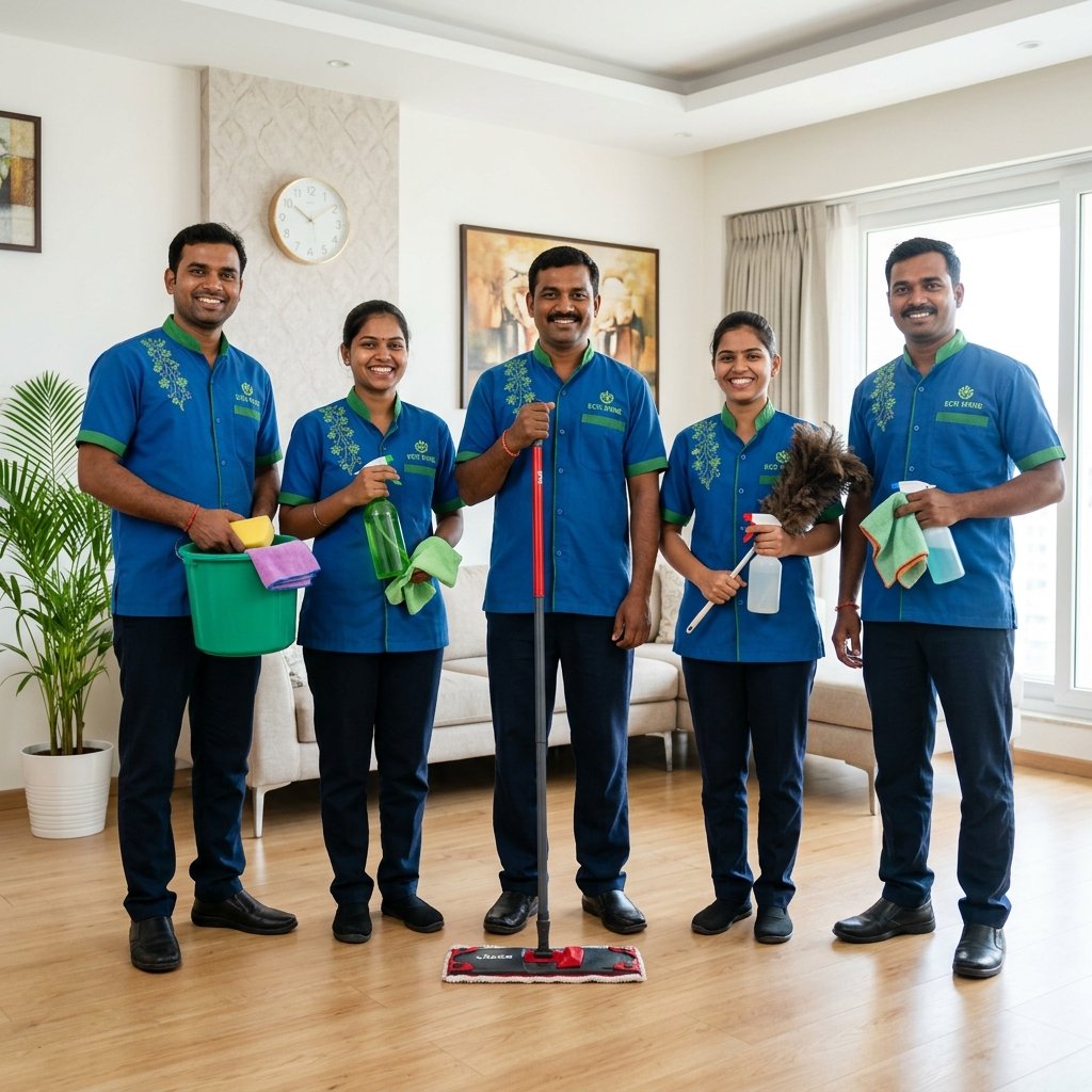 Our team of five professional Indian cleaning staff (three males and two females) in blue and green uniforms holding cleaning supplies